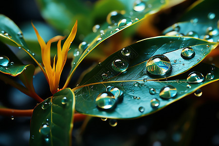 植物树叶上的雨滴背景图片