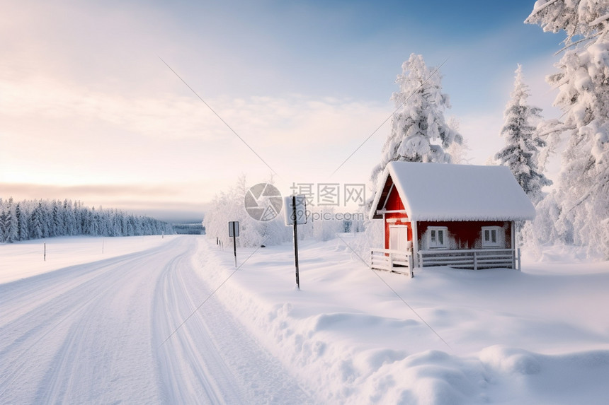 冬季路旁的红色小木屋图片