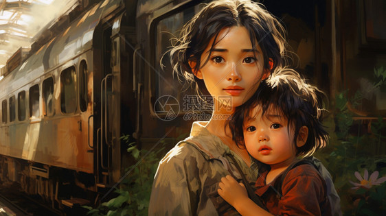 火车前面的母女图片