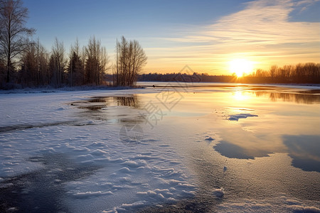 落日下结冰的湖面图片
