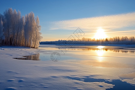 积雪的湖面图片