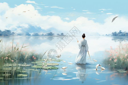 女孩站在反射的湖边图片