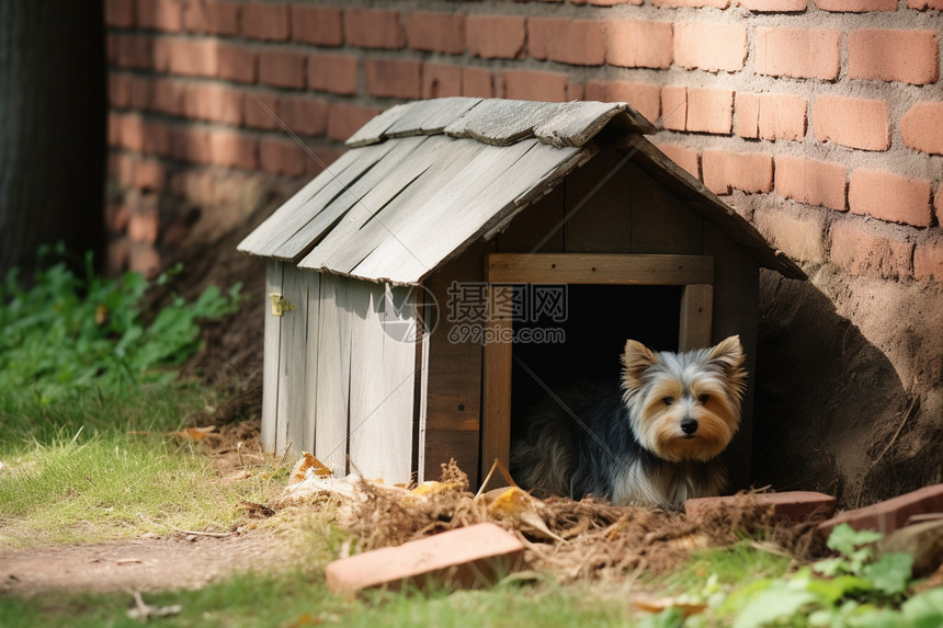 户外狗窝中的小狗图片