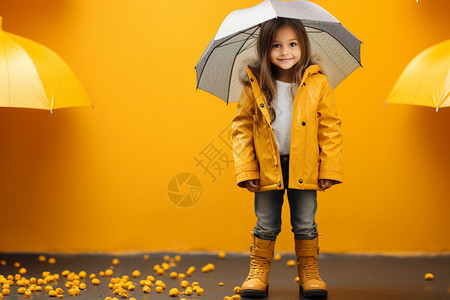 黄色墙壁前撑雨伞的小女孩图片
