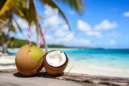 沙滩上木桌上美味的椰子图片
