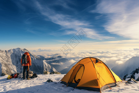 雪山上孤独的登山者背景图片