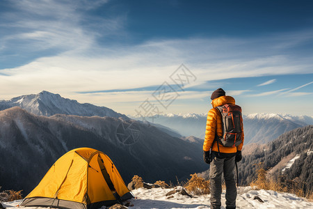冬季山顶的登山爱好者背景图片