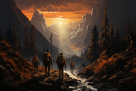 日落时山间的徒步者背景图片