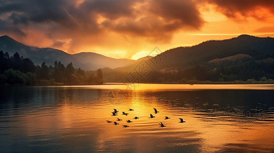 夕阳下的湖泊图片