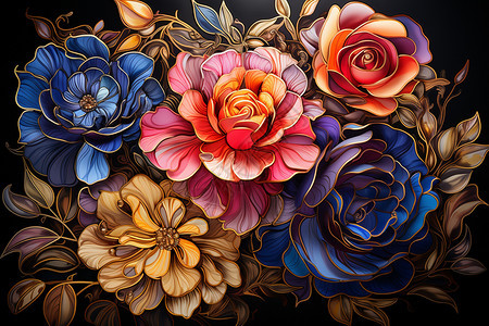 明亮色彩的玫瑰花绘画图片