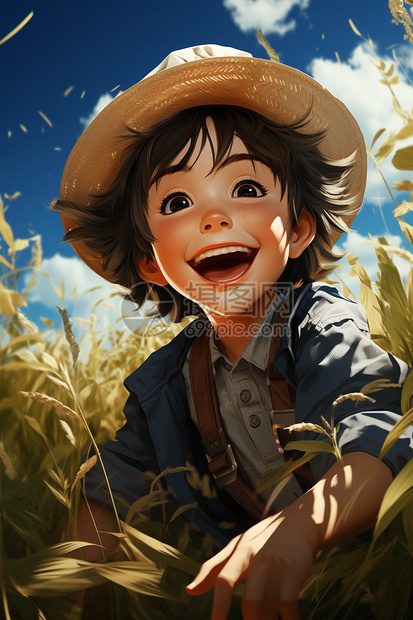 夏天草地上的男孩图片