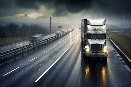 下雨天公路的卡车图片