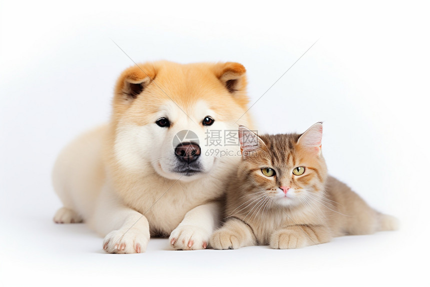 秋田犬和小猫躺在地上图片