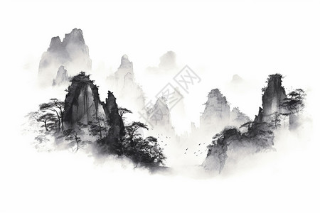 山间云雾缭绕的水墨画图片