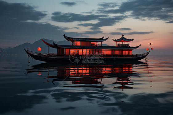 中式风游船场景图片