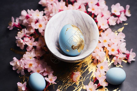金色地球碗中蓝色的复活节彩蛋背景