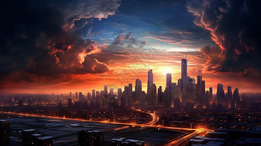 城市建筑天空中的火烧云景观图片