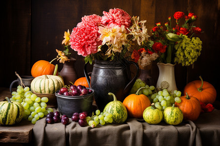 桌上的水果和花卉图片