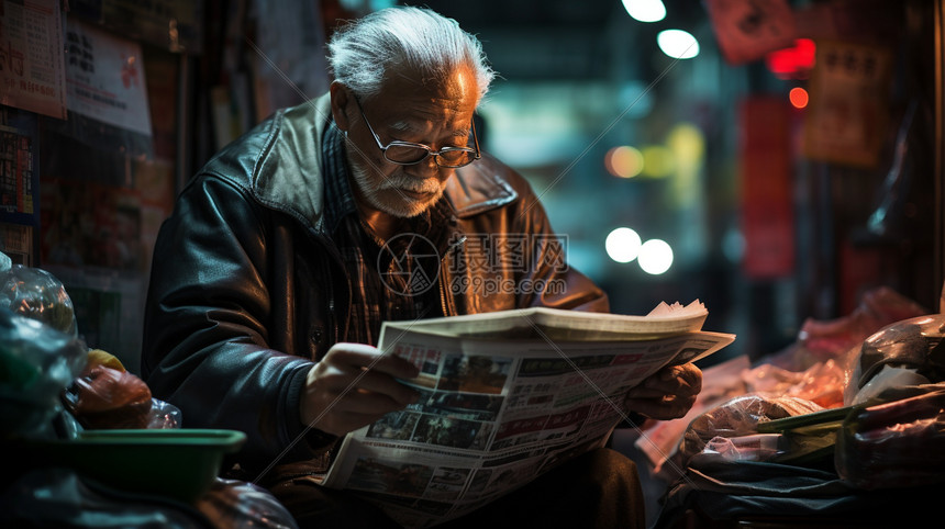 夜晚城市街头阅读报纸的老人图片