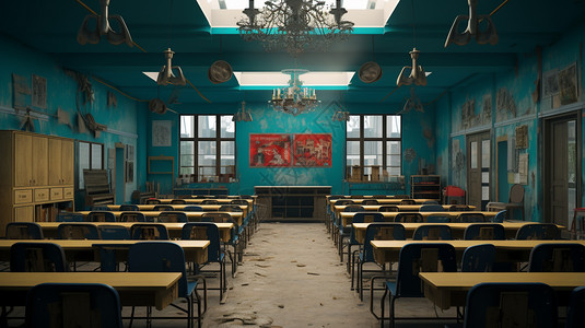 破旧废弃的小学教室高清图片