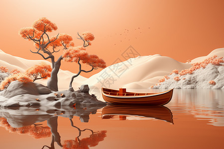 湖面上有一艘橙色的木船图片