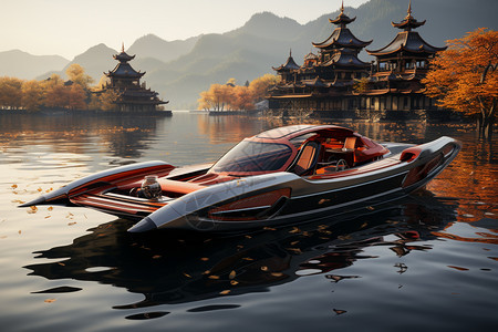 极简主义风格的橙色船沉浸在湖水中图片