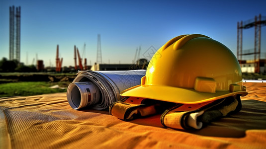 建筑工地施工安全建筑工地的安全头盔和图纸背景