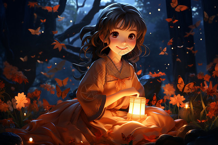 女孩拿着蜡烛庆祝中秋节高清图片