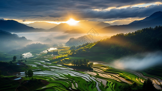 美丽的乡村农业梯田景观图片