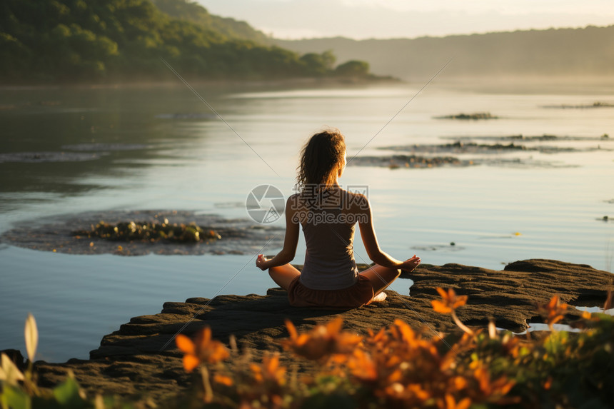 女人坐在海边石块上练瑜伽图片