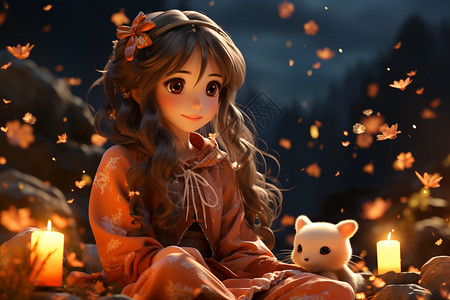 女孩和兔子在庆祝中秋背景图片