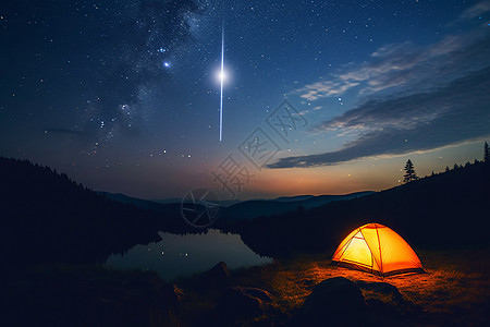 黄色美丽星星山中夜晚露营的帐篷背景
