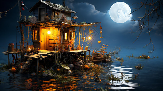 月夜湖中渔夫的木屋图片