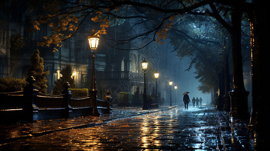 下雨天城市的街道景观图片
