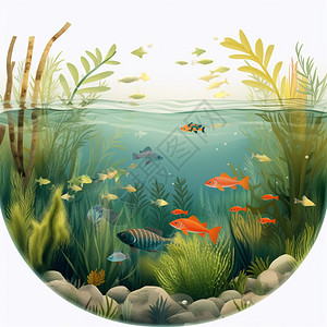 黃金焗中蝦河流生态系统中的水生植物插画