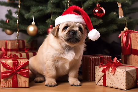 装扮圣诞树圣诞树旁装扮的圣诞狗狗背景