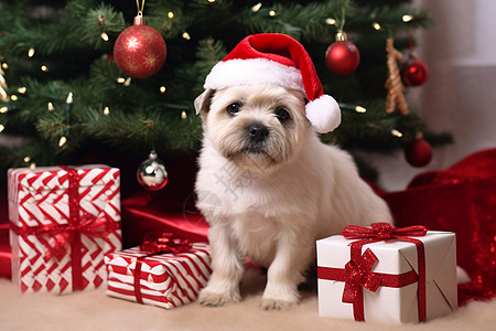 装扮圣诞树庆祝圣诞节装扮的狗狗背景