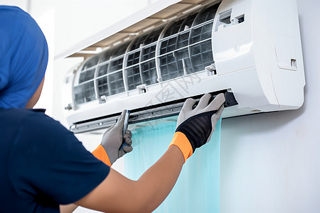 空调清洗家庭服务清洗家居空调的工人背景
