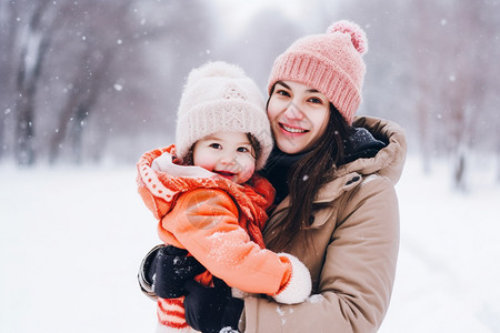 雪地里的母女背景图片