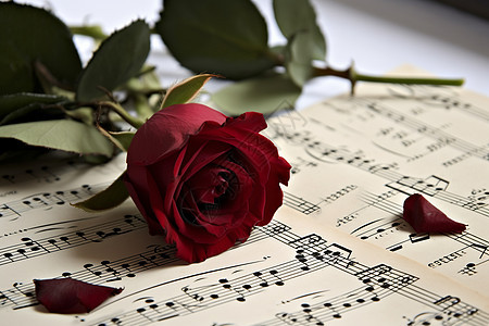 古典音乐钢琴谱上的玫瑰图片