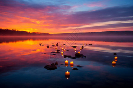 把点燃的蜡烛放到湖面图片
