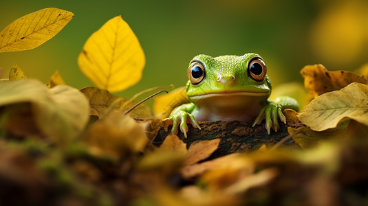 趴在枯黄树叶上的青蛙图片