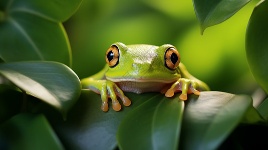 趴在绿叶上的青蛙图片
