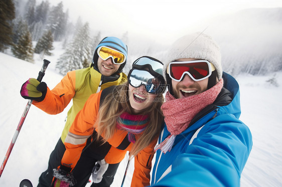 雪山中滑雪的人们图片