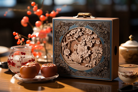月饼盒和茶壶雕刻着花纹的月饼盒背景