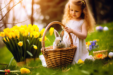 夏天草地上的小女孩和兔子图片