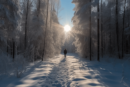 冬季森林中独自行走的男子图片