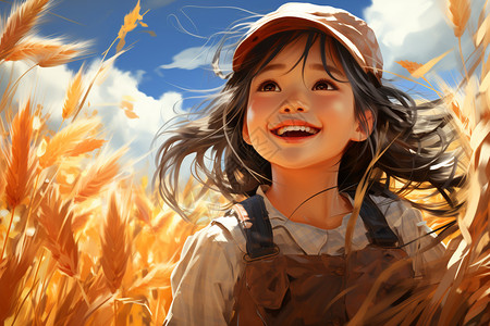 欣赏金色稻田上的小女孩图片