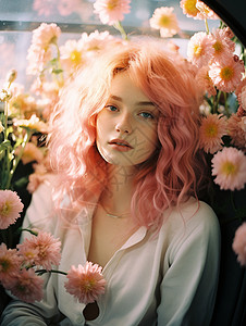 粉红色鲜花场景中的女孩图片