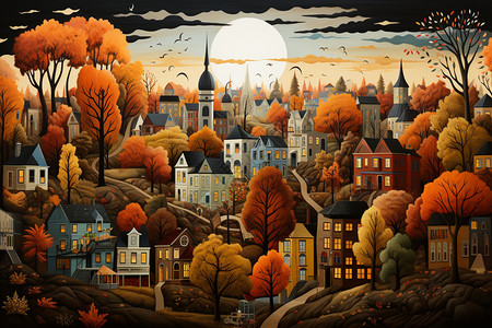 豪华建筑城市秋天色彩的迷人城市插画